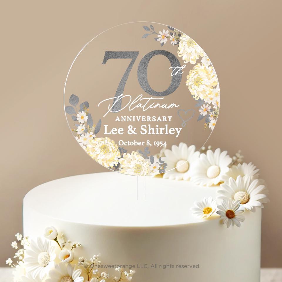Platinum Anniversary Cake Topper 70th Anniversary Cake Topper Round Personalized Custom White Chrysanthemums Anniversary Cake Topper No.8
