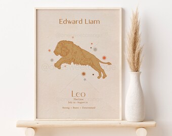 Leo Personalized Zodiac Sign Print Leo Zodiac Print Birth Month Leo Print Astrology Print Newborn Art Horoscope Celestial Leo Art B20