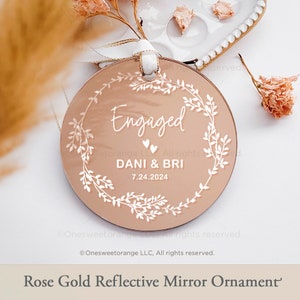 Rose Gold Mirror Acrylic Engagement Ornament Gold Engagement Party Gift Personalized Engaged Ornament Gift Custom Gift with Names No.G24