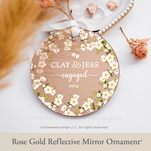 Rose Gold Mirror Acrylic Engagement Ornament Gold Engagement Party Gift Personalized Engaged Ornament Gift Custom Gift with Names No.G389