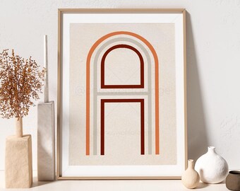Initial Mid-Century Art Personalized Letter Art Earth Tone Initial Wall Canvas Poster Line Art Letter Print Boho Modern Letter Art B232
