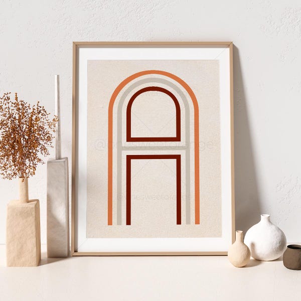 Initial Mid-Century Art Personalized Letter Art Earth Tone Initial Wall Canvas Poster Line Art Letter Print Boho Modern Letter Art B232