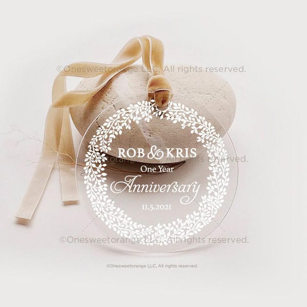 Anniversary Ornament, Personalized Acrylic Keepsake, Clear Round Disc - 3.5" Or 4.75", Velvet Ribbon No.83