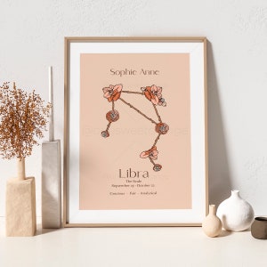 Libra Personalized Zodiac Sign Print Libra Zodiac Print Birth Month Floral Print Astrology Print Zodiac Art Horoscope Celestial Art B438