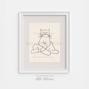 Op de afbeelding: Lijntekening van een kat die in een yogahouding zit met zijn ogen dicht. De kat is in zwart omlijnd tegen een lichtbeige achtergrond. De tekst "@onesweetorange" verschijnt drie keer op de afbeelding.