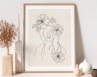 Women with Flowers Print Line Art Woman Print Minimalist Line Art Woman With Flowers Art Floral Line Art Woman Line Art Poster B213