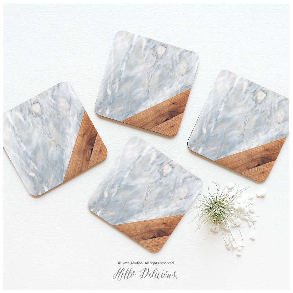 Coaster Set Of 4 Faux Marble Wood Print, Gray Geometric Cork Coasters, Print Coaster Set, Coasters 3