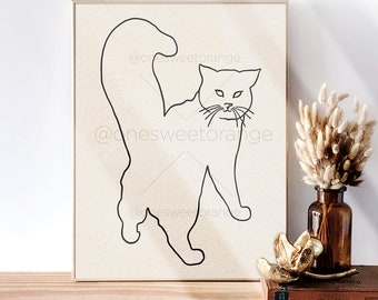 May include: A black and white line drawing of a cat with its tail raised in the air. The cat is looking directly at the viewer. The drawing is on a beige background.