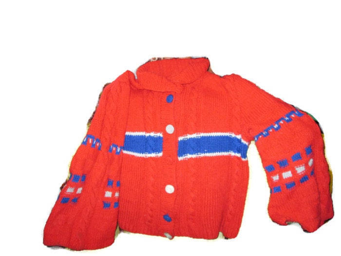 Red Knit Wool Jacket Blue Winter Sweater with Crochet Etsy