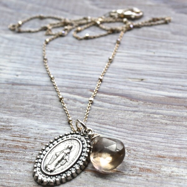 Blessed Mother Pendant and Hand-wrapped Smoky Quartz in Sterling Silver-16 inch Sterling SIlver Chain