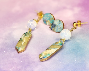 Moon Crystals || Blue gold crystal bead pendant earrings