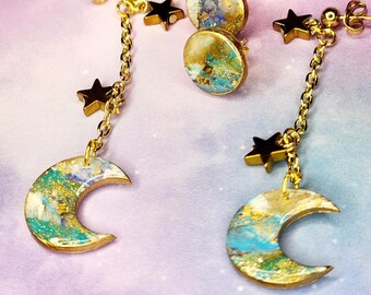 Blue Moons|| Blue gold crystal bead pendant earrings