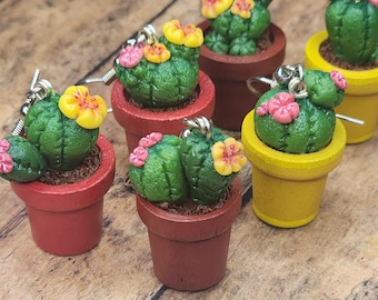 Potted Cactus Earrings II Flower Cactus Potted Plant Jewelry Soil Pot Yellow Pink Flowers Green Succulent Necklace