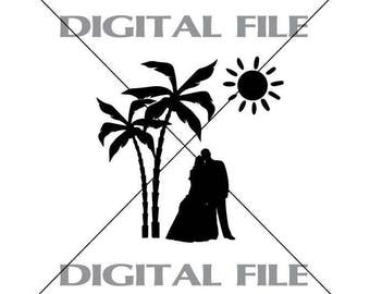 Bride And Groom Under Palm Trees Wedding Vector Images Vinyl Decal T-shirt Digital Cutting Files ,Svg File, Ai, Eps, PNG