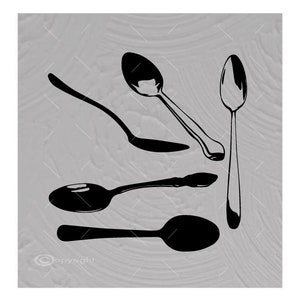 May include: A collection of five black spoons in various designs, set against a textured gray background. The spoons vary in shape and size, with some having elongated bowls and others more rounded. The image is a simple, elegant illustration.