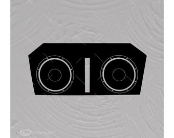 May include: Black speaker box with two large round speakers. The speakers have a black center and a silver rim.