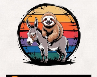 Retro Sloth Riding Donkey PNG: Vintage Clipart (Digital Download)