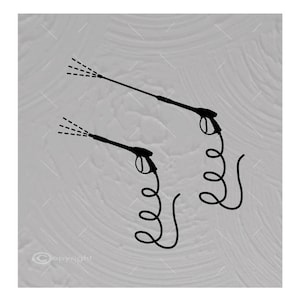 May include: Two black pressure washers with spray nozzles and coiled hoses. The spray nozzles are pointed upwards and the hoses are coiled in a spiral shape.
