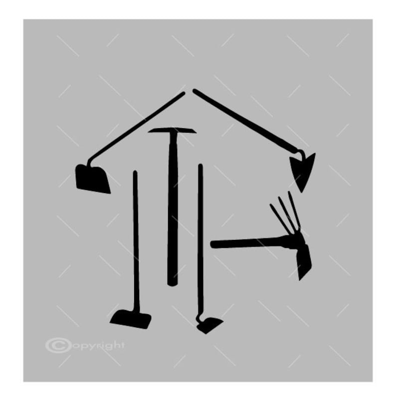May include: Black and white silhouette of various gardening tools, including a shovel, rake, hoe, and trowel, arranged in a circular pattern.