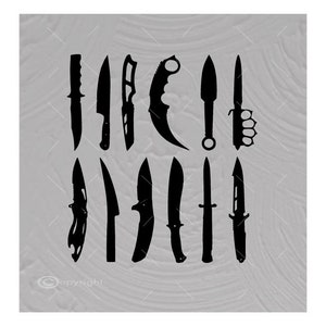 May include: A collection of 11 black silhouette knives, including a karambit, a dagger, a throwing knife, and a switchblade. The knives are arranged in a vertical row.