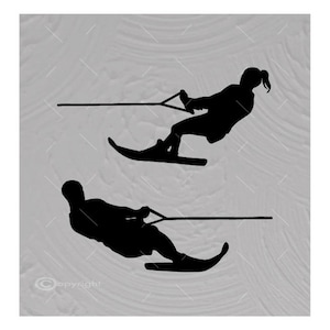 May include: Two black silhouettes of people water skiing. The person on the top is holding onto a rope and is being pulled by a boat. The person on the bottom is holding onto a rope and is being pulled by a boat. Both people are wearing life jackets.