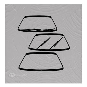 May include: A black and white illustration of three car windshields with windshield wipers. The top windshield has one wiper, the middle windshield has two wipers, and the bottom windshield has no wipers.