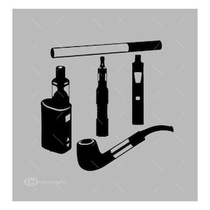 May include: A black and white illustration of five different smoking devices, including a pipe, a cigarette, and three vaporisers.