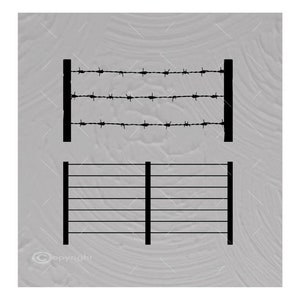 May include: Black metal fence with barbed wire on top and a black metal gate with horizontal bars.