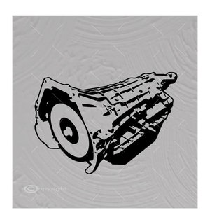 May include: Black and white illustration of a car transmission. The transmission is shown in a cutaway view, revealing the internal gears and components.