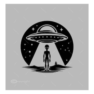 May include: Black and white silhouette of an alien standing in front of a UFO with a beam of light shining down on them. The UFO is hovering over a desert landscape with a cactus in the background.