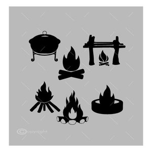 May include: Black silhouette icons of different types of campfires. The icons include a campfire with logs, a campfire with a metal grate, a campfire with a cauldron, and a campfire with a ring of stones.