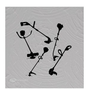May include: Black silhouette illustrations of various strimmers and weed eaters against a light grey background. The tools are depicted in different styles, showcasing their handles, heads, and cutting mechanisms. The image has a copyright notice.