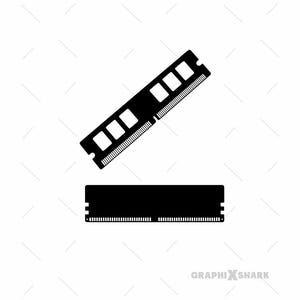 May include: A graphic illustration shows two black RAM memory modules on a white background. One module is angled, the other horizontal. Each module features rectangular slots and a series of pins along one edge. The design is a vector graphic.