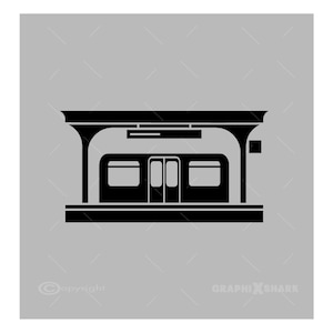 May include: A black and white illustration of a subway station. The station has a roof supported by pillars, with a train car featuring doors and windows. The image is set against a gray background.