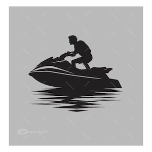 May include: Silhouette of a person riding a jet ski on water. The jet ski is black and the person is wearing a life jacket.