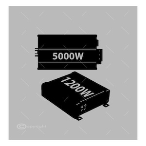 May include: Two black amplifiers with white text. The larger amplifier has "5000W" printed on it. The smaller amplifier has "1200W" printed on it.