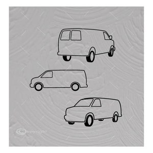 Pode incluir: Três ilustrações a preto e branco de carrinhas num fundo cinzento. As carrinhas são retratadas de diferentes ângulos, incluindo vistas laterais e traseiras. A imagem tem um design simples e minimalista.