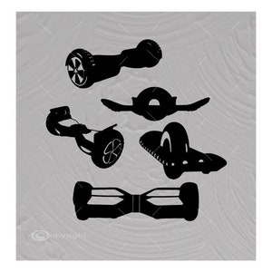 May include: A set of five black hoverboards with different designs. The hoverboards are all in a silhouette style.