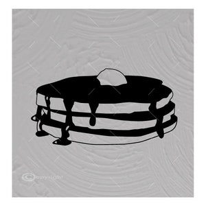 May include: A stack of three pancakes with a dollop of butter and a drizzle of syrup.