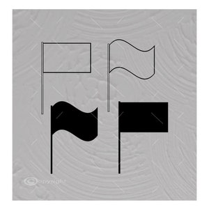 May include: Four black and white flags on a gray background. The flags are attached to poles and are waving in the wind. The flags are all different shapes and sizes.