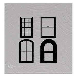 May include: Four black window frames with different styles. The frames are set against a gray background.