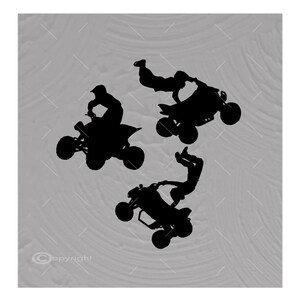 May include: Silhouettes of four people riding quad bikes. The riders are performing stunts in the air, with their vehicles upside down.