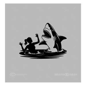 May include: A black and white graphic illustration of a shark attacking a person in the water. The person is silhouetted, with arms raised in alarm. The shark is depicted with open jaws and sharp teeth.