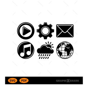 May include: Black and white graphic icons including a play button, gear, envelope, musical note, cloud with sun and rain, and a globe. The image also includes the text "SVG" and "PDF".