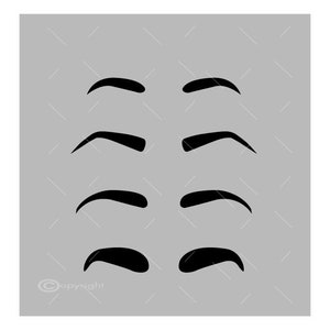 Puede incluir: Seis formas de cejas diferentes dibujadas en negro sobre un fondo gris. Las formas son todas curvas y van desde finas hasta gruesas.