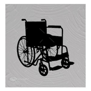 Könnte beinhalten: Eine schwarze Silhouette eines Rollstuhls mit zwei Rädern und einer Rückenlehne.