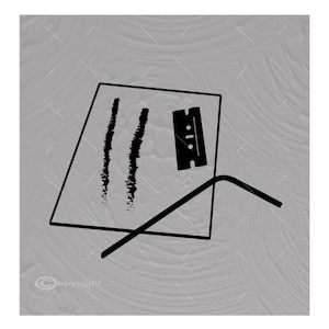 May include: A black and white illustration of a razor blade, a straw, and two lines of white powder on a gray surface.