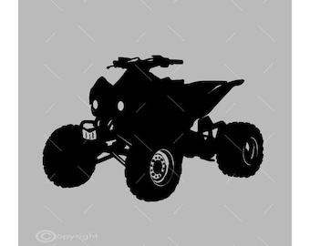 May include: Black and white silhouette of an ATV, or all-terrain vehicle, with four wheels. The ATV is facing the viewer and has a front bumper and headlights.