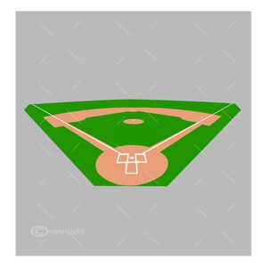 May include: A green baseball field with a brown infield and white lines. The field is viewed from above, looking down at home plate.