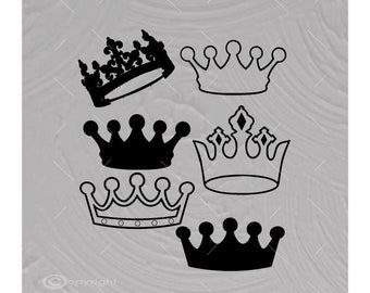 May include: A set of six black silhouette crown designs. The crowns are in various styles, including a traditional crown with points, a crown with a rounded top, and a crown with a more modern design.